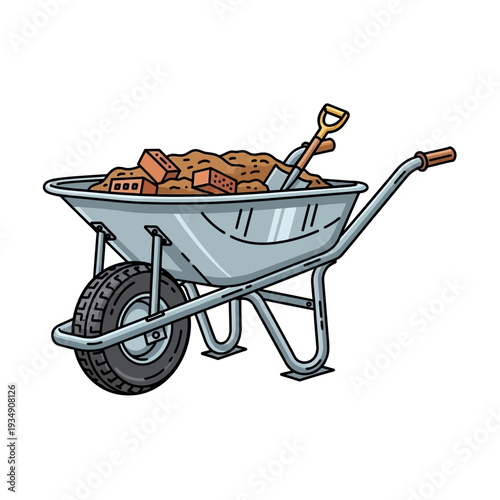 Cartoon illustration of a wheelbarrow filled with dirt, bricks, and a shovel, ready for construction or gardening work.
