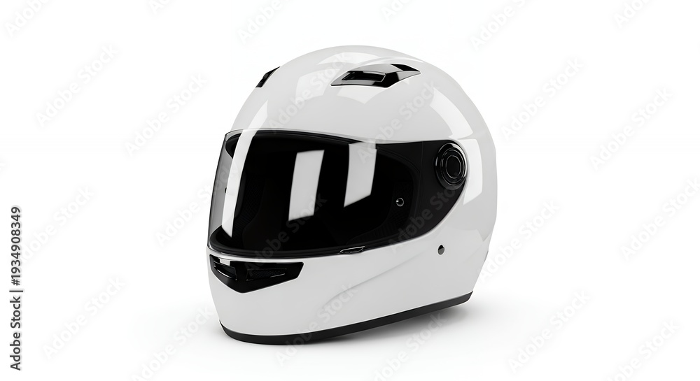Fototapeta premium White Motorcycle Helmet with Dark Visor on White Background.