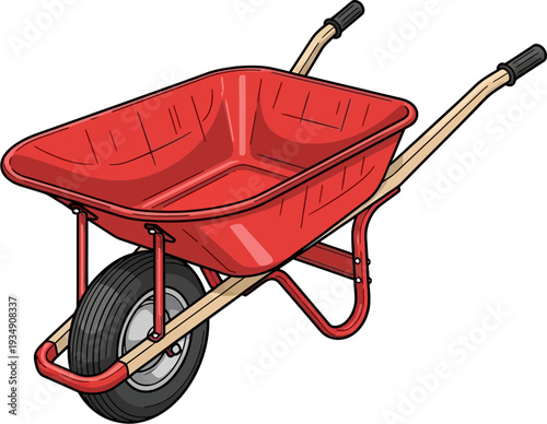 A vibrant red wheelbarrow with a single wheel and wooden handles, ready for gardening or construction tasks.