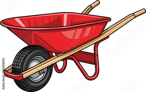 A vibrant red wheelbarrow with a single front wheel and sturdy wooden handles, ready for gardening or construction tasks.