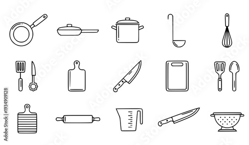 A set of kitchen utensils and tools in a minimalist line art style