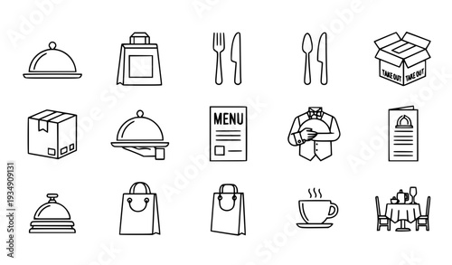 A set of minimalist line art icons representing various restaurant and food service concepts