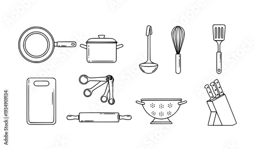 A set of kitchen utensils and tools in a minimalist line art style