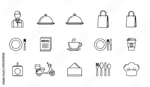 A set of minimalist line art icons representing various food and restaurant related symbols