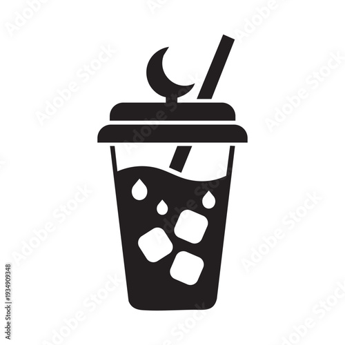  Stylish Iced Drink Cup with Crescent Moon & Straw – Bubble Tea, Ramadan, Refreshment, Beverage, Minimalist, Vector, Icon, Summer Design