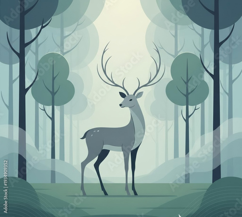 Majestic deer standing serene in a tranquil forest clearing surrounded by tall trees viewed from a slight distance