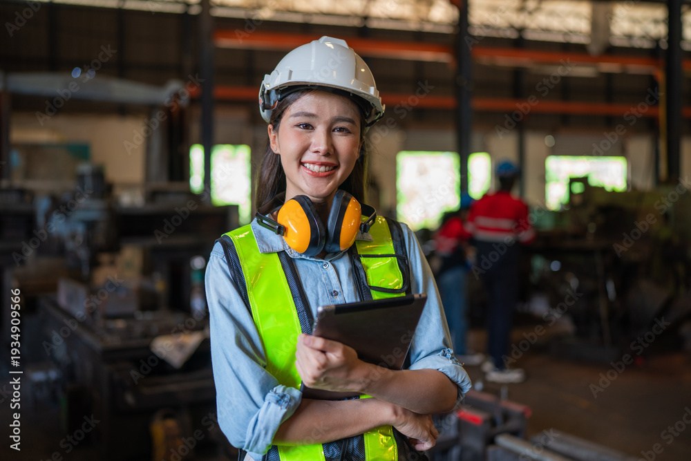 Fototapeta premium Female engineer standing and using tablet in modern industrial