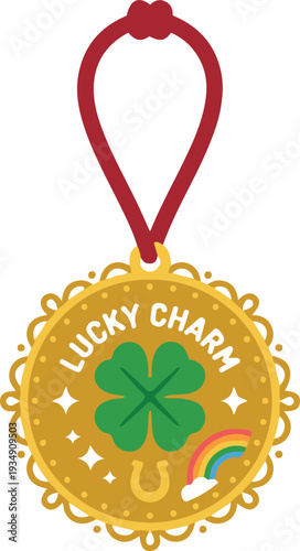 Golden lucky charm medal with four-leaf clover and rainbow detail, hanging on a red ribbon, illustrated in a cute flat cartoon style perfect for St. Patrick’s Day and festive good luck themed vector d
