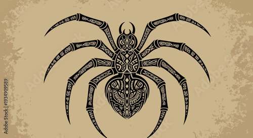 Tribal Spider Tattoo Design, Intricate Black Insect Illustration on Textured Background