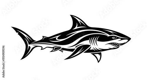 Tribal Shark Tattoo Design - Black and White Vector Art
