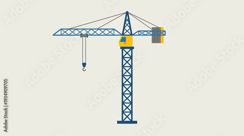 Blue and yellow construction tower crane on a light background.
