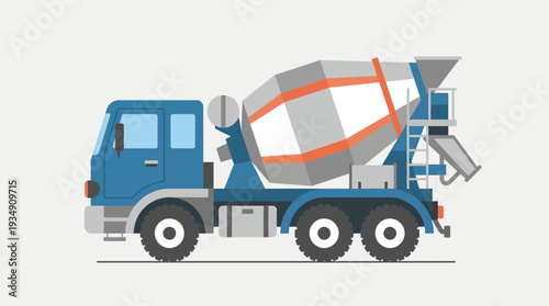 Blue Cement Mixer Truck, Construction Vehicle, Flat Design