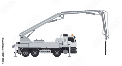 Concrete pump truck with extended boom on white background