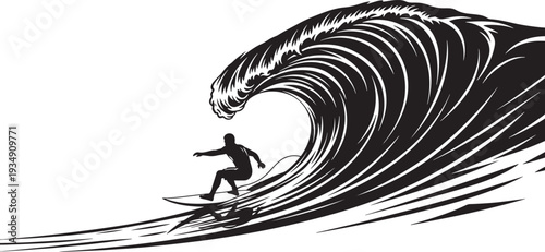 Surfer silhouette riding a large ocean wave, dynamic water sport and extreme activity.