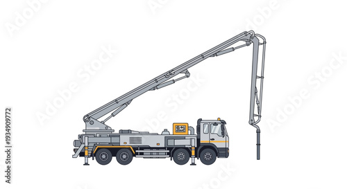 Concrete pump truck with articulated boom against white background