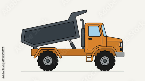Orange dump truck with raised bed, isolated on white background