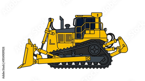 Yellow bulldozer on white background, heavy construction equipment