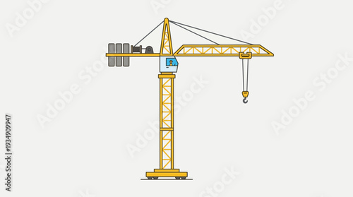 Yellow construction crane with hook and counterweights, isolated on white background