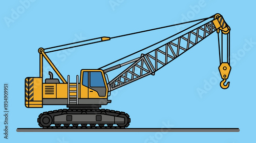 Yellow crawler crane lifting hook on blue background, construction equipment illustration