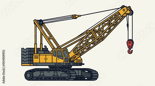 Yellow crawler crane with hook against a light background