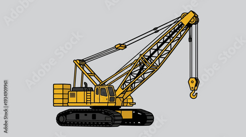 Yellow crawler crane construction vehicle isolated on grey background, vector illustration