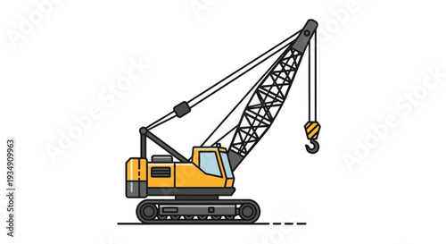 Yellow crawler crane with hook on white background, construction vehicle illustration
