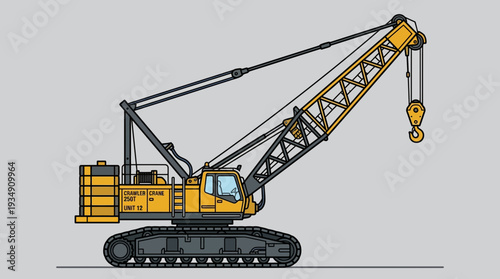 Yellow crawler crane with long boom and hook on gray background