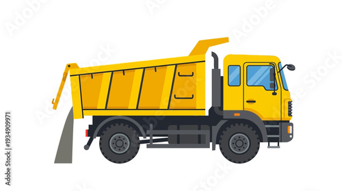 Yellow dump truck unloading gravel on white background