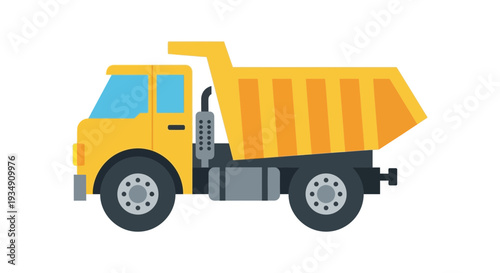 Yellow dump truck vehicle, construction equipment, flat design illustration