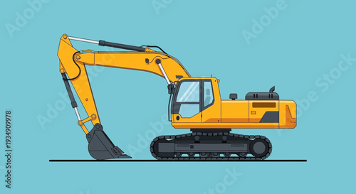 Yellow excavator construction machine on blue background, vector illustration