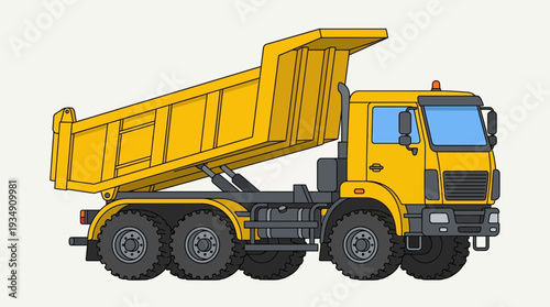 Yellow dump truck with raised bed, isolated on light background, illustration