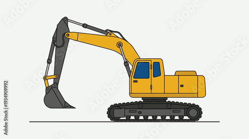 Yellow excavator on tracks, construction heavy machinery, industrial equipment
