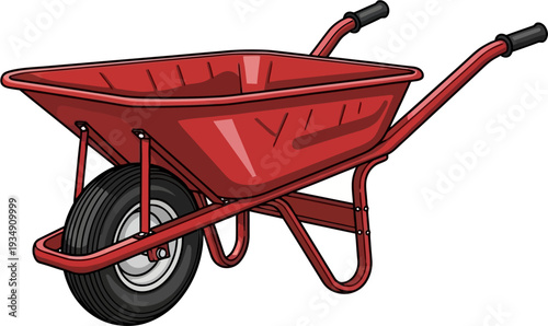 A bright red wheelbarrow with a single front wheel and black handles, ready for gardening or construction work.