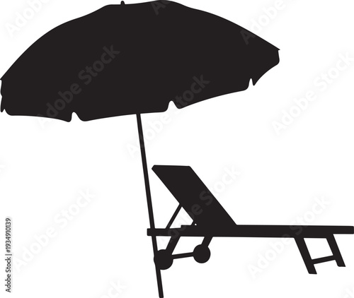 Beach chair and umbrella silhouette on a white background, representing relaxation and summer.