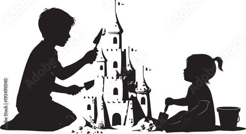 Children building a sandcastle silhouette on the beach with buckets and spades, imaginative play.