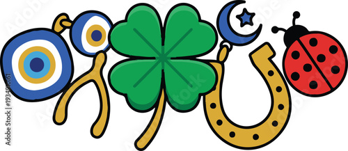 Cute lucky charm vector set featuring four-leaf clover, golden horseshoe, ladybug, evil eye beads, crescent moon, and wishbone in flat cartoon style, perfect for St. Patrick’s Day and good luck themed