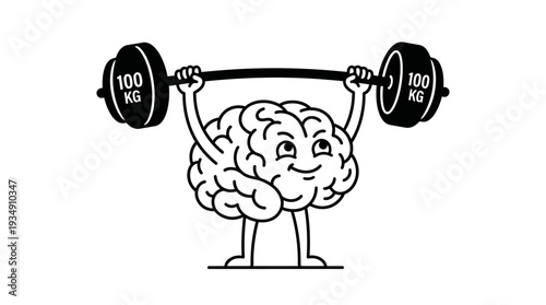 Brain lifting barbell vector illustration, mental strength fitness icon, intelligence training artwork, psychology motivation design, cognitive power concept, educational resilience graphic, determina