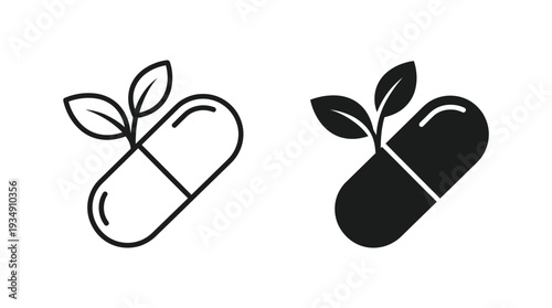 Herbal medicine capsule vector icons, natural healthcare supplement design, botanical pharmacy illustration, organic wellness pill artwork, plant-based remedy concept, pharmaceutical nature integratio