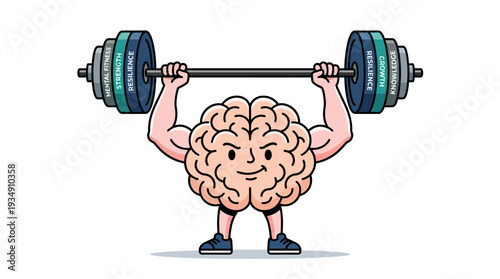 Brain lifting barbell vector illustration, mental strength fitness icon, intelligence training artwork, psychology motivation design, cognitive power concept, educational resilience graphic, determina