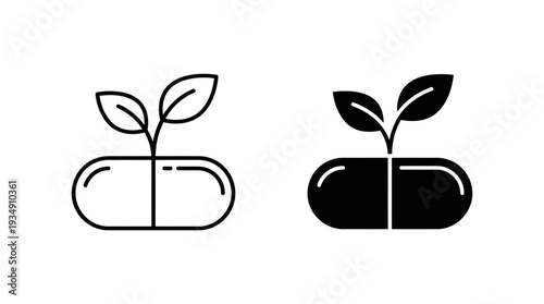 Herbal medicine capsule vector icons, natural healthcare supplement design, botanical pharmacy illustration, organic wellness pill artwork, plant-based remedy concept, pharmaceutical nature integratio