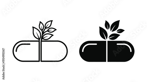 Herbal medicine capsule vector icons, natural healthcare supplement design, botanical pharmacy illustration, organic wellness pill artwork, plant-based remedy concept, pharmaceutical nature integratio