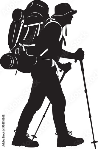 Hiker silhouette with a large backpack and trekking poles, active lifestyle and adventure.