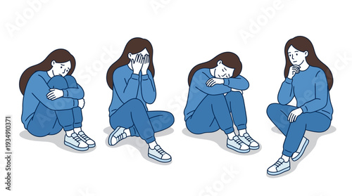 Sadness introspection sitting person vector illustration, emotional distress posture icons, mental health awareness design, contemplative withdrawn figure artwork, psychology support concept, depressi
