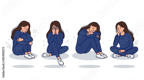 Sadness introspection sitting person vector illustration, emotional distress posture icons, mental health awareness design, contemplative withdrawn figure artwork, psychology support concept, depressi