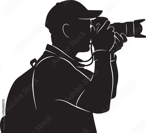 Photographer silhouette taking a picture with a camera, capturing moments, hobby and profession.