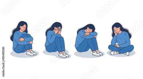 Sadness introspection sitting person vector illustration, emotional distress posture icons, mental health awareness design, contemplative withdrawn figure artwork, psychology support concept, depressi