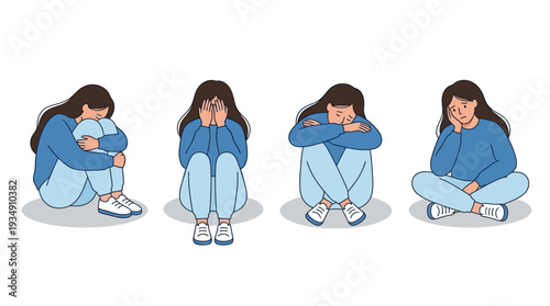 Sadness introspection sitting person vector illustration, emotional distress posture icons, mental health awareness design, contemplative withdrawn figure artwork, psychology support concept, depressi
