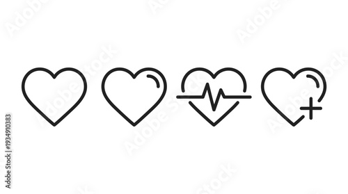 Medical health heart vector icons set, wellness care outline design, heartbeat monitoring symbol, healthcare plus sign graphic, cardiology support illustration, hospital aid vector artwork