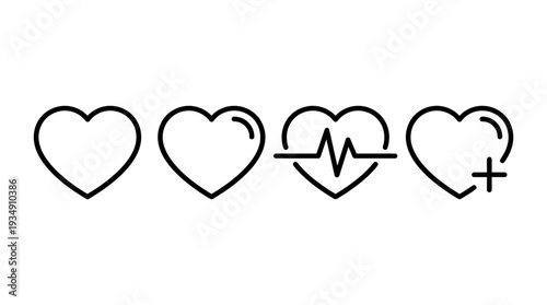 Medical health heart vector icons set, wellness care outline design, heartbeat monitoring symbol, healthcare plus sign graphic, cardiology support illustration, hospital aid vector artwork