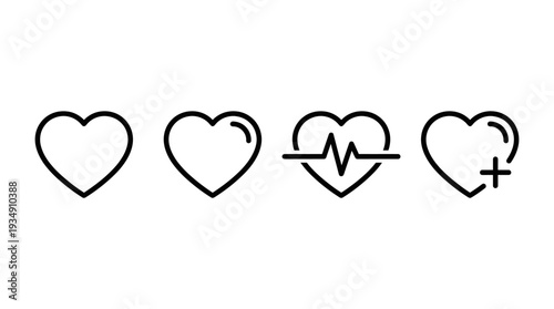 Medical health heart vector icons set, wellness care outline design, heartbeat monitoring symbol, healthcare plus sign graphic, cardiology support illustration, hospital aid vector artwork